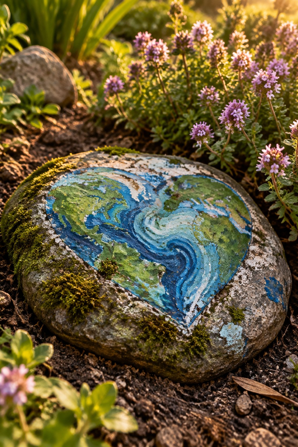 Mossy rock painted with swirling blue-green Earth heart amid purple flowers