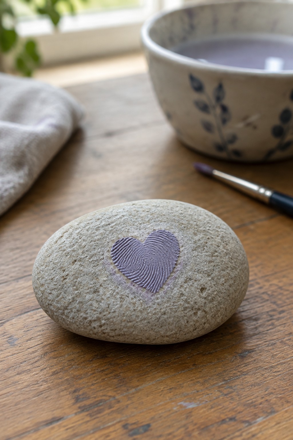 Stone with purple fingerprint heart on wooden table near bowl and paintbrush