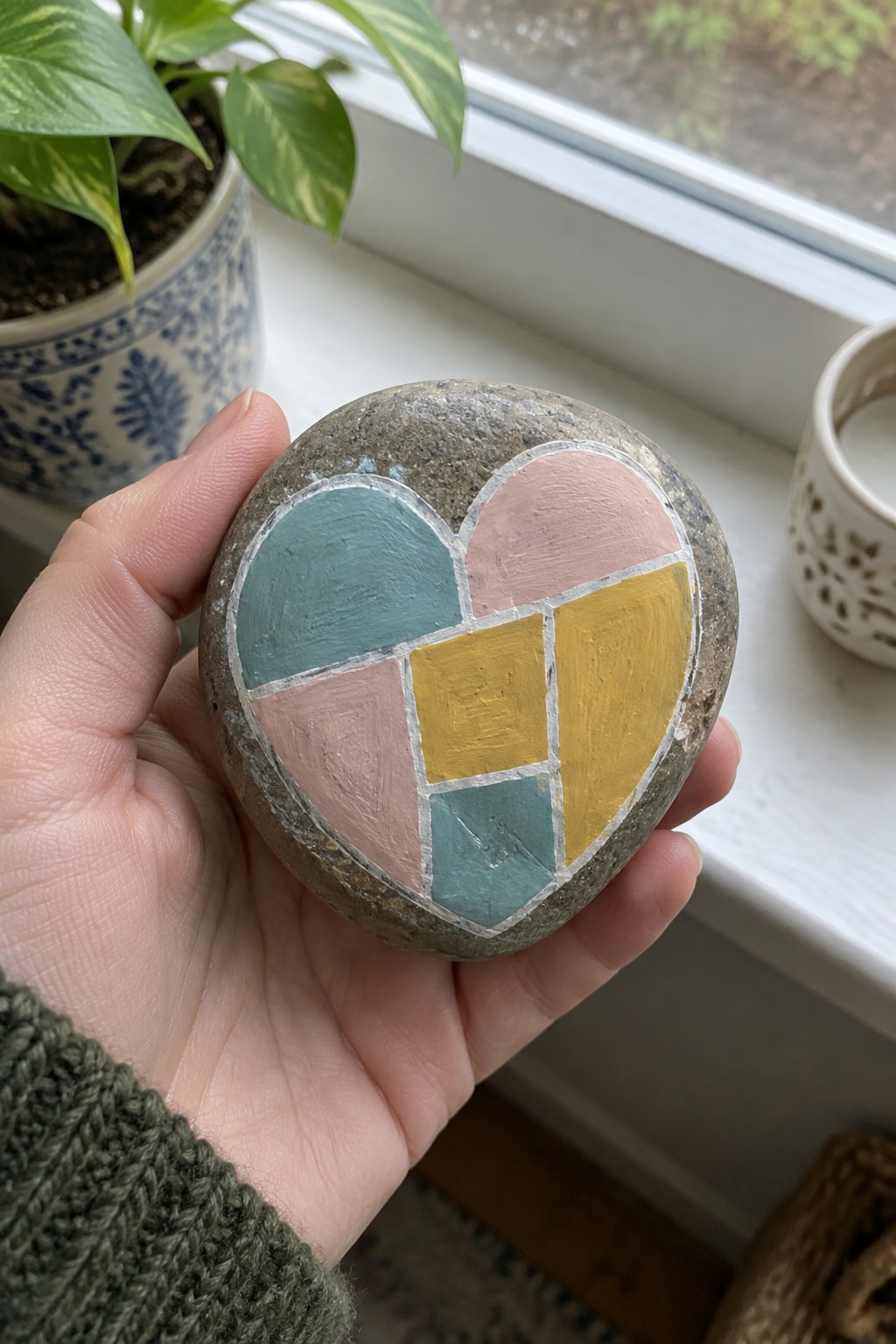 Hand in green knit sweater holds heart-painted stone in teal, pink, yellow.