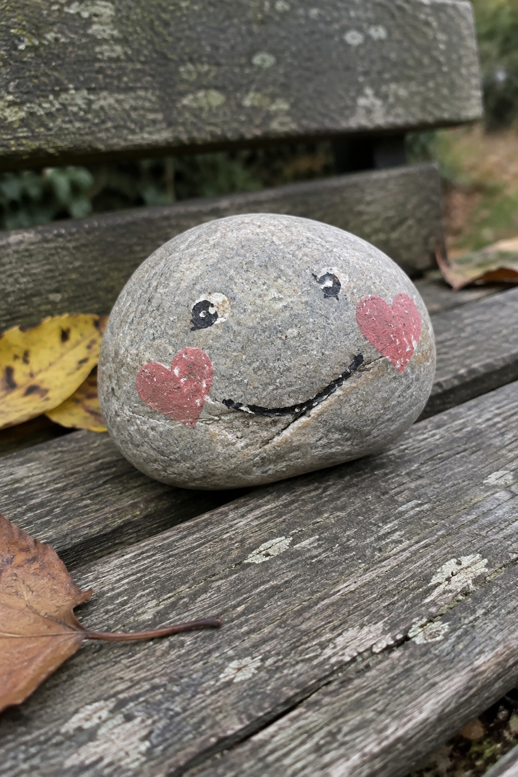 Gray stone with painted smiley face, black eyes, red heart cheeks on wooden bench