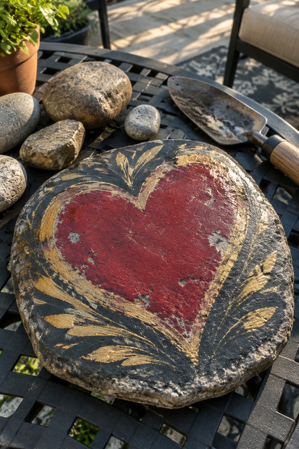 Weathered stone plaque with red heart and gold leaf designs on patio table amid rocks and trowel