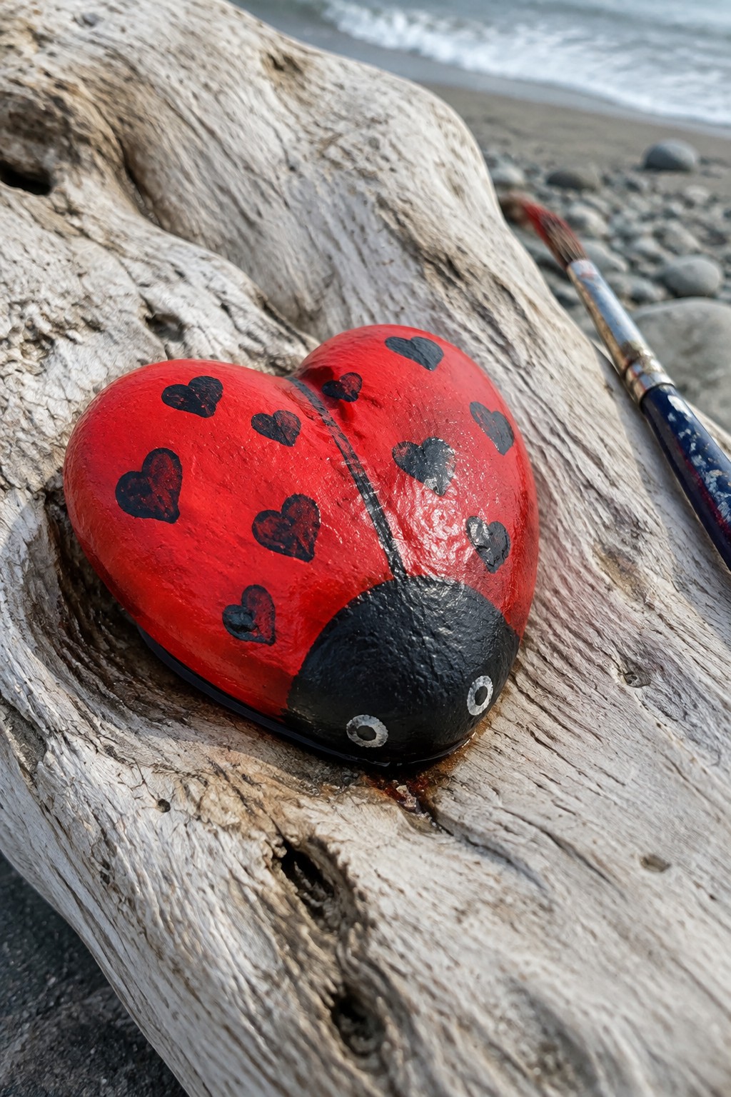 Heart-shaped red ladybug rock with black hearts on driftwood by ocean with paintbrush