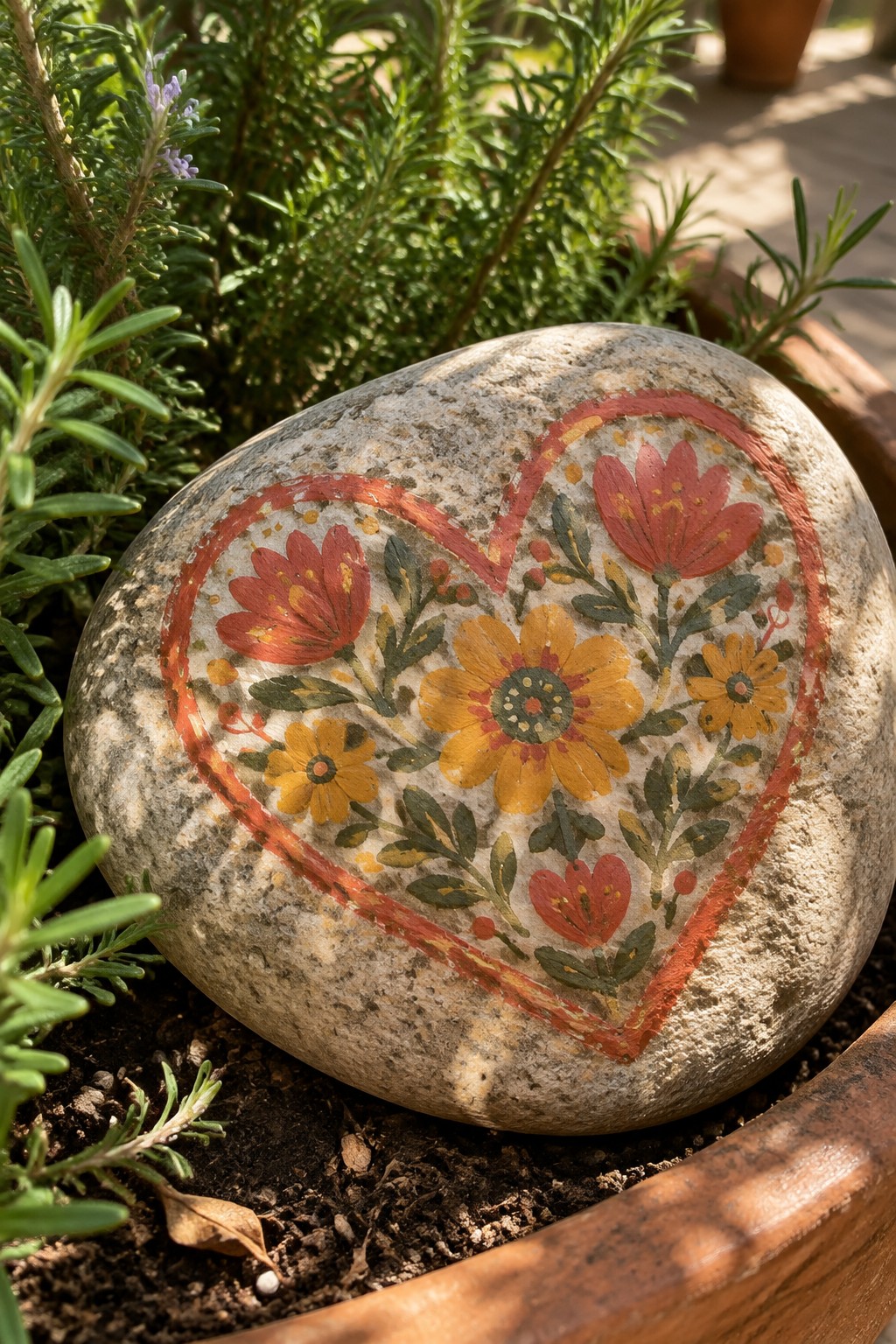 Painted rock with red heart border and colorful yellow-orange flowers amid greenery