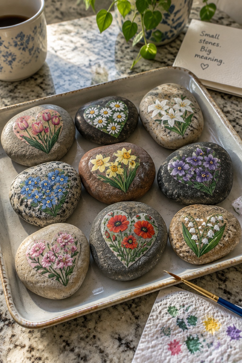 Painted stones with vibrant floral hearts on tray beside paintbrush and coffee cup