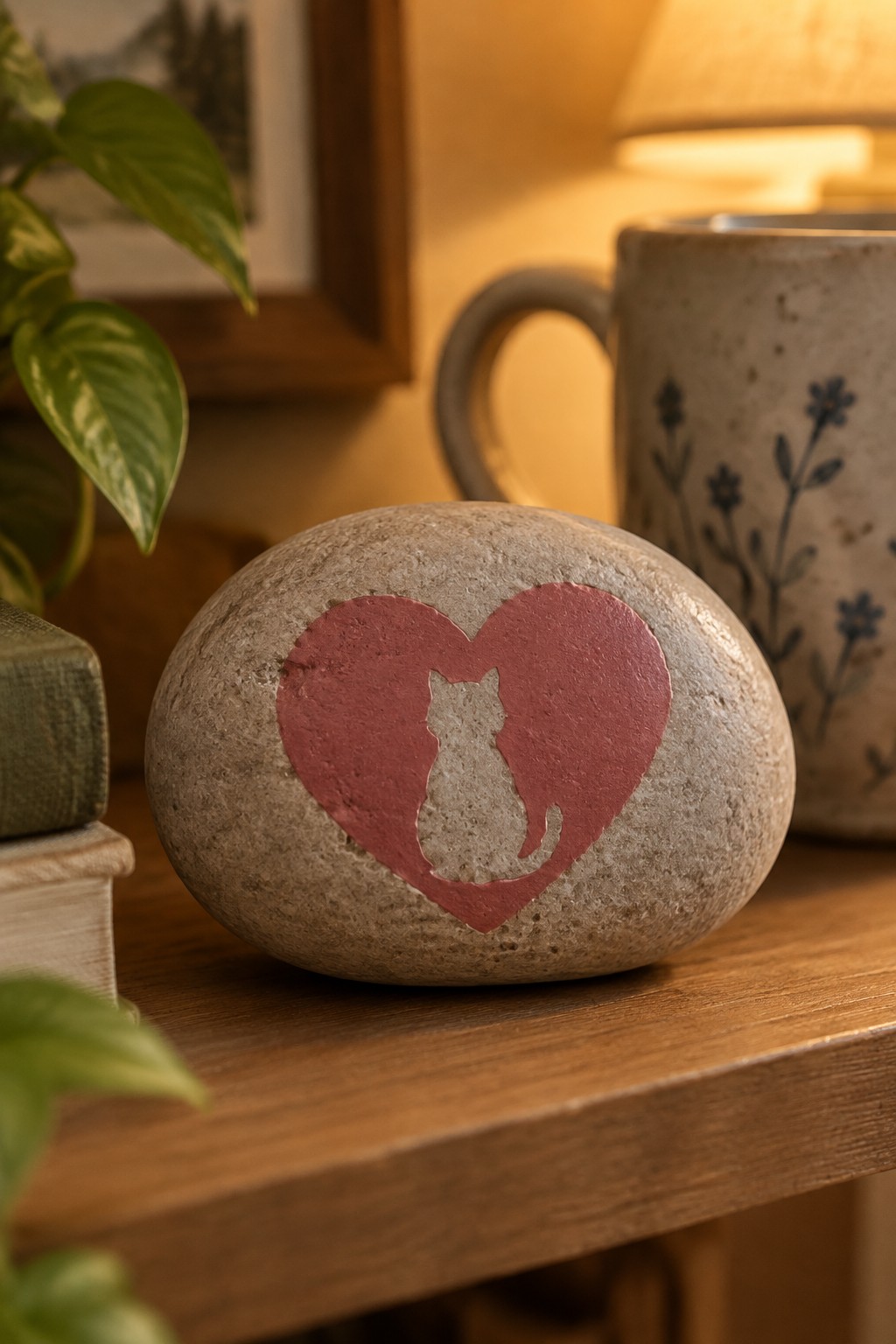 Stone with red heart and cat silhouette beside floral mug on wood
