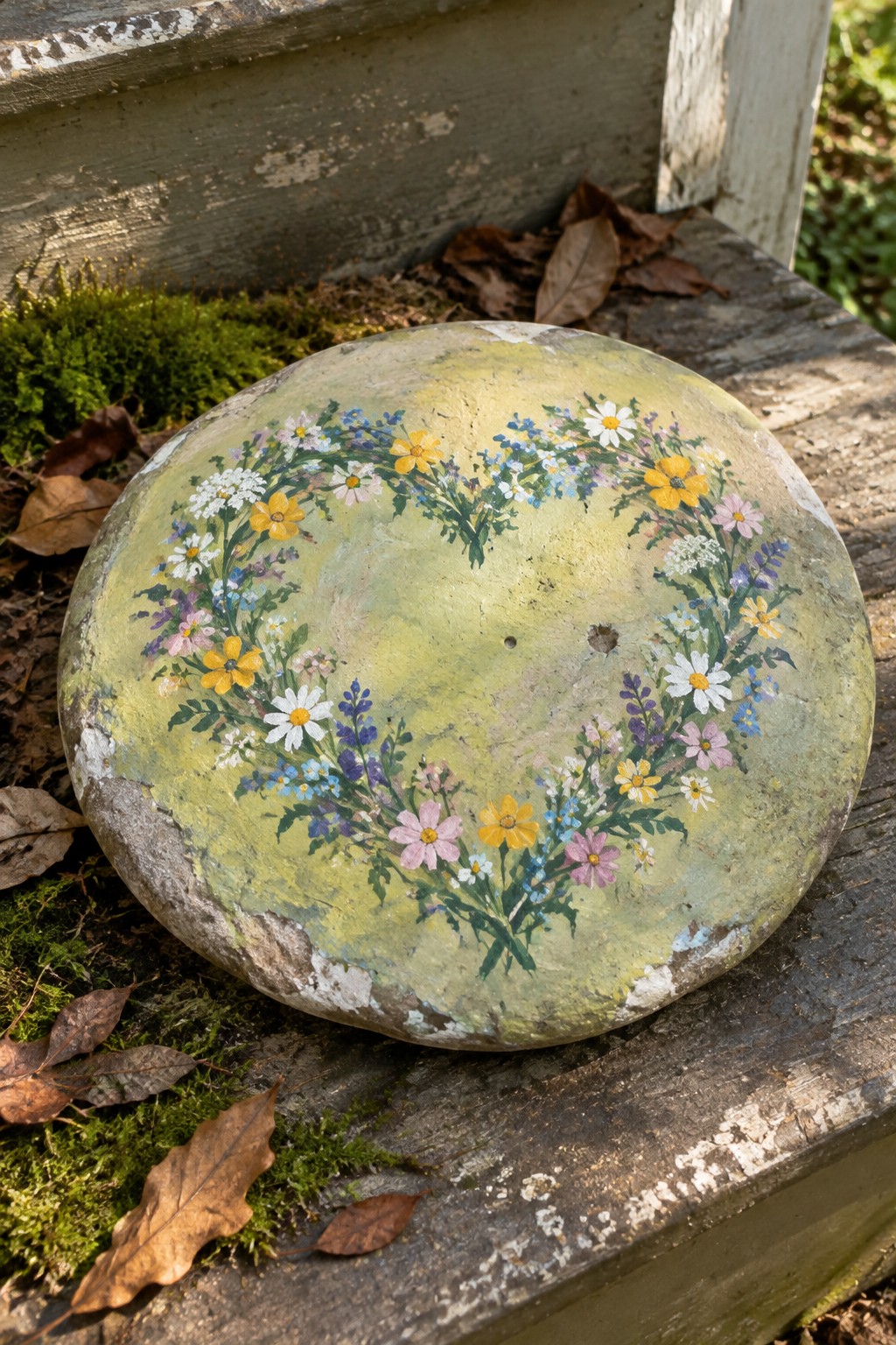 Weathered round stone with colorful heart-shaped wildflower wreath on wooden steps with leaves