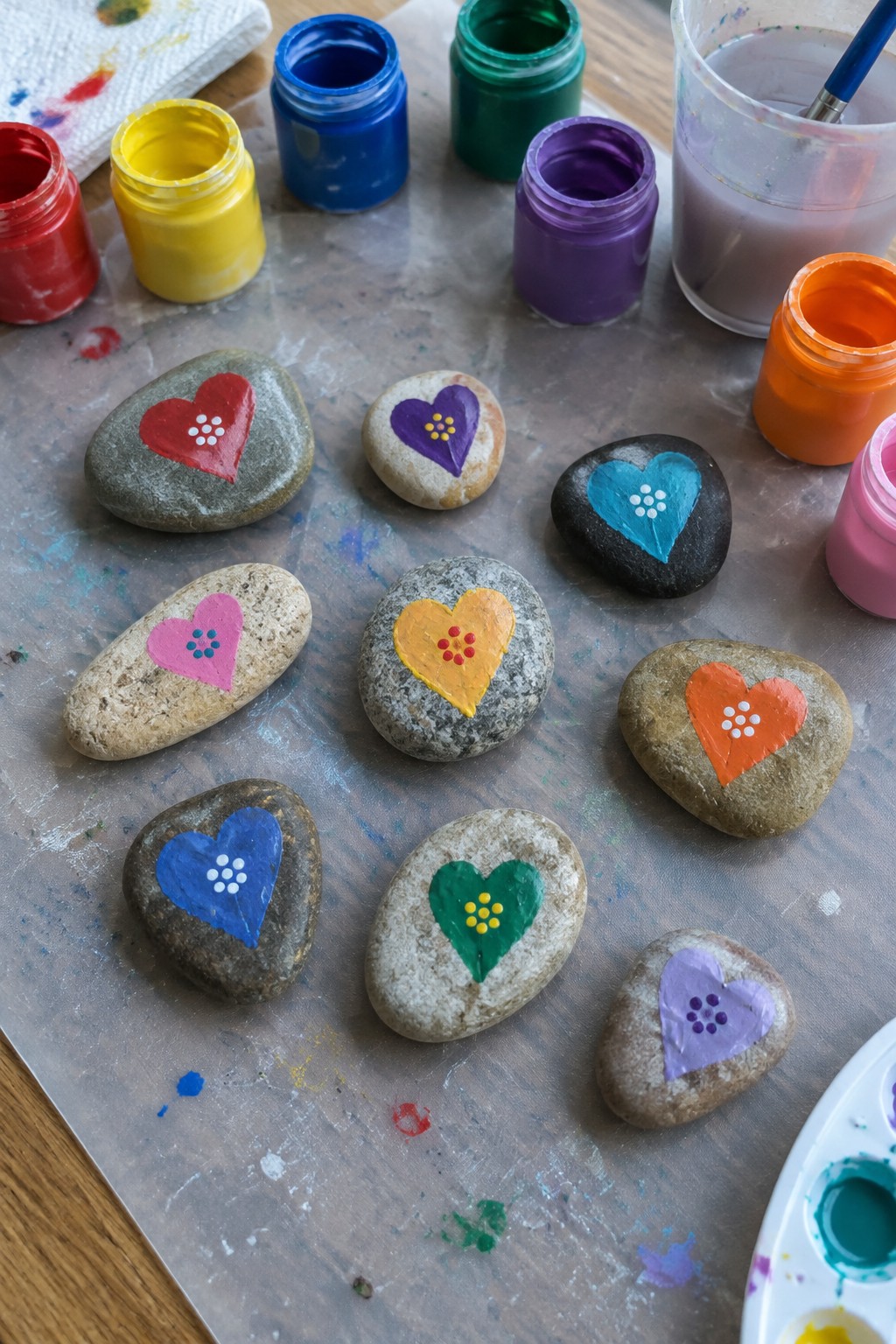 Colorful heart-painted rocks amid open paint jars, palette, and brushes on a table.