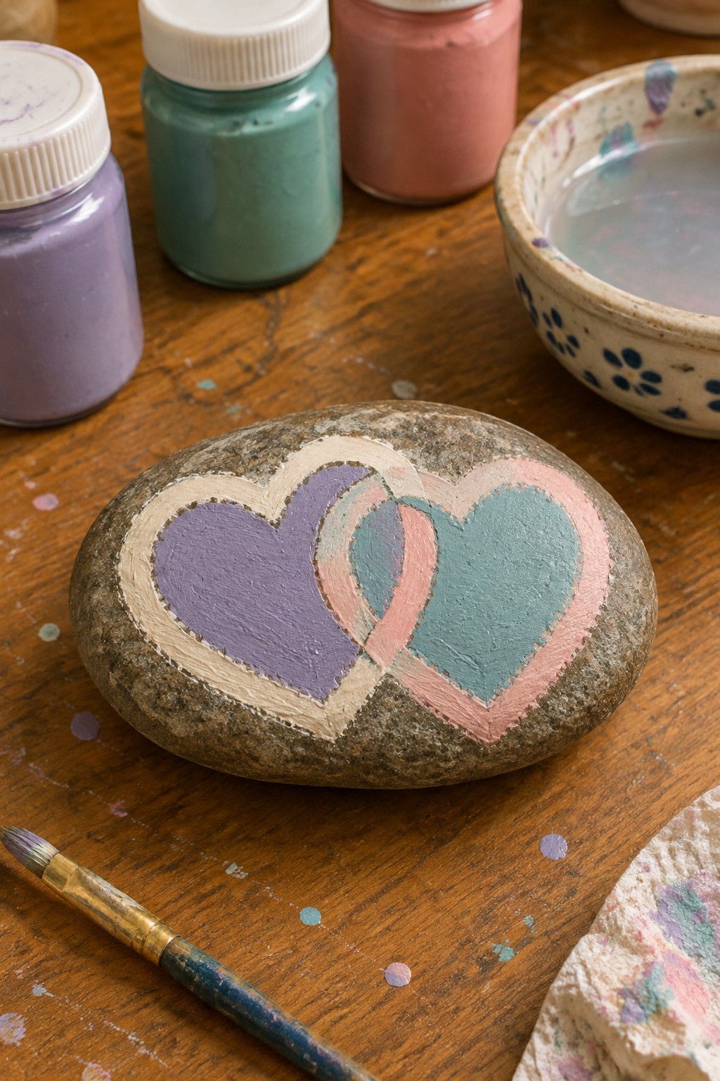 Painted stone with overlapping purple, teal, and pink hearts amid paint supplies on wood