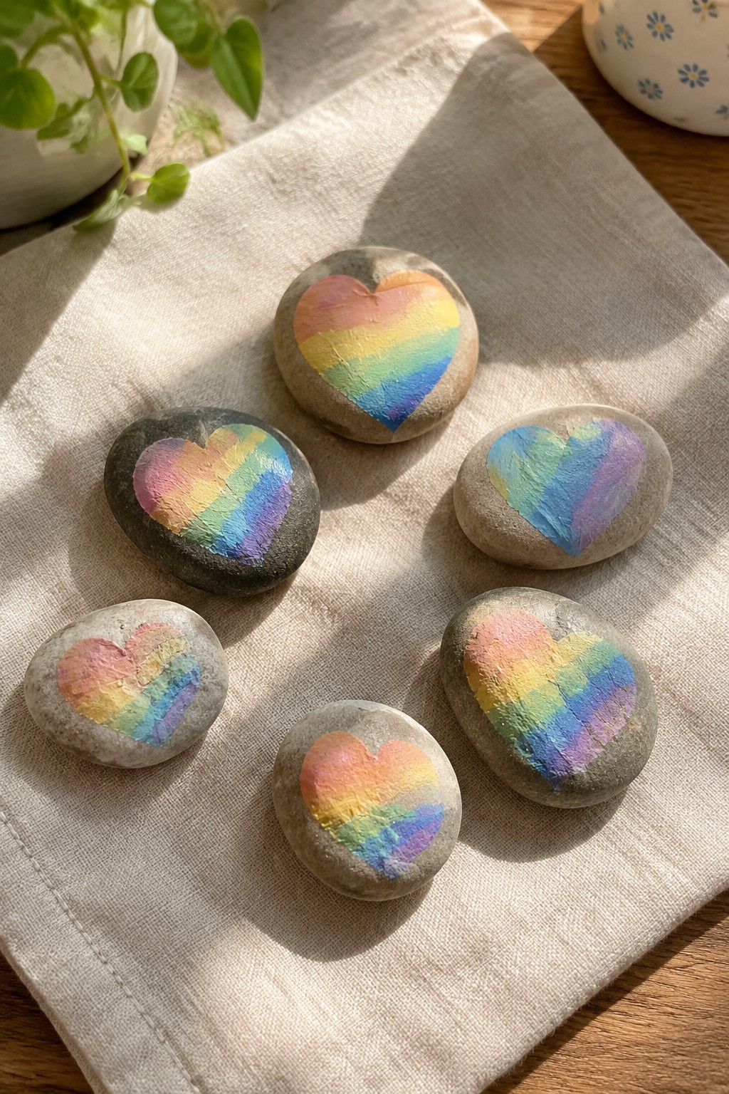 Six stones with rainbow heart paintings on beige cloth in sunlight.