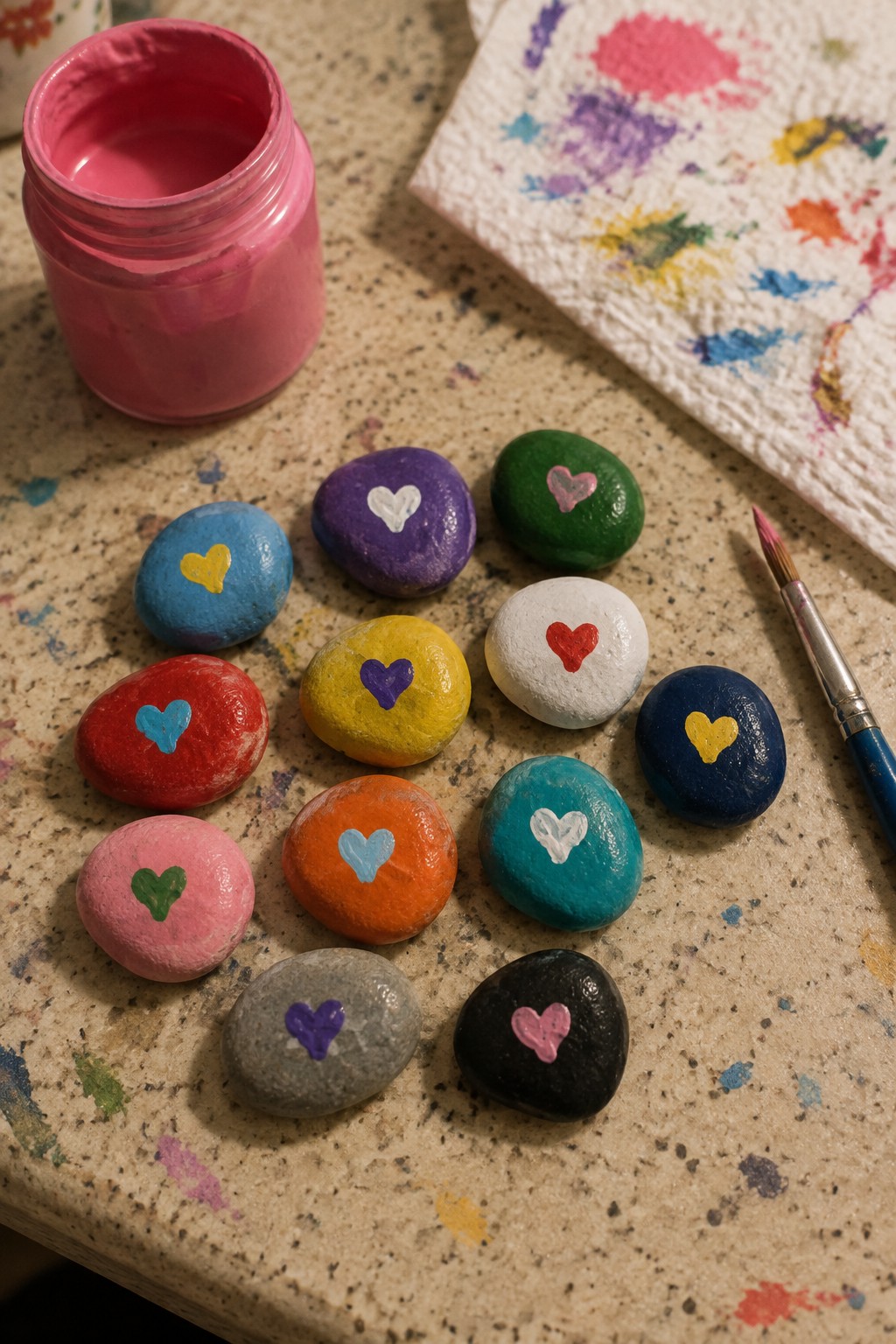Colorful painted rocks with hearts beside open pink paint jar and brush on countertop