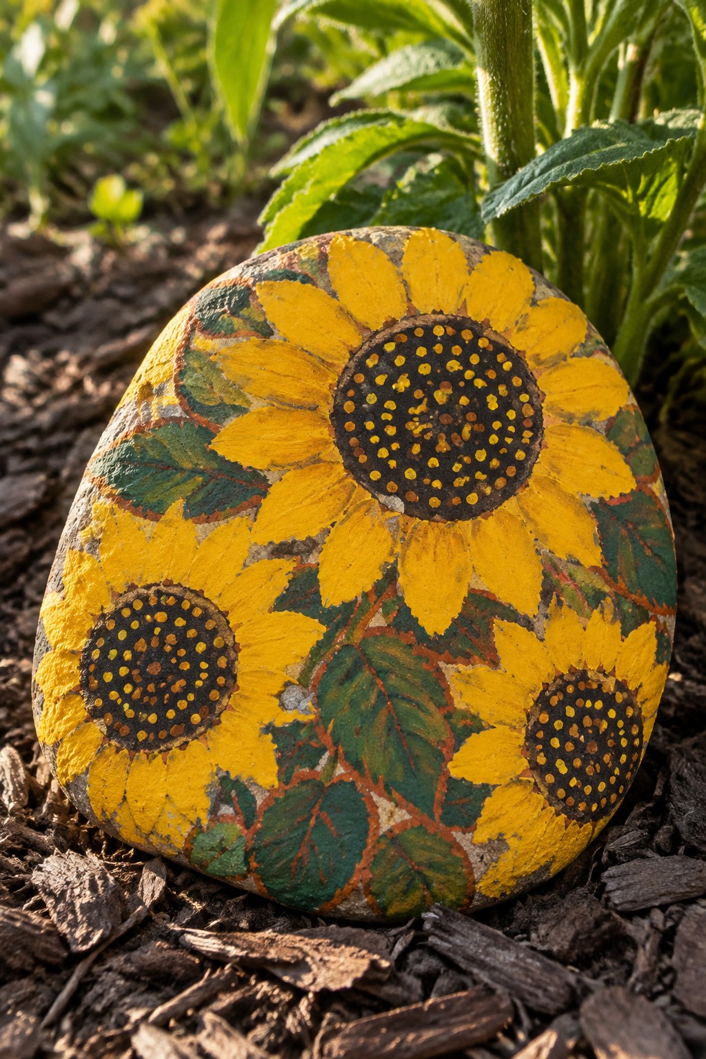 Painted rock with yellow sunflowers, green leaves, and dotted centers on soil