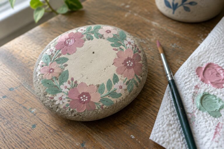 17 Rock Painting Patterns Featuring Folk-Art Flowers Painted oval stone with pink flowers and green leaf wreath on wooden table beside brush