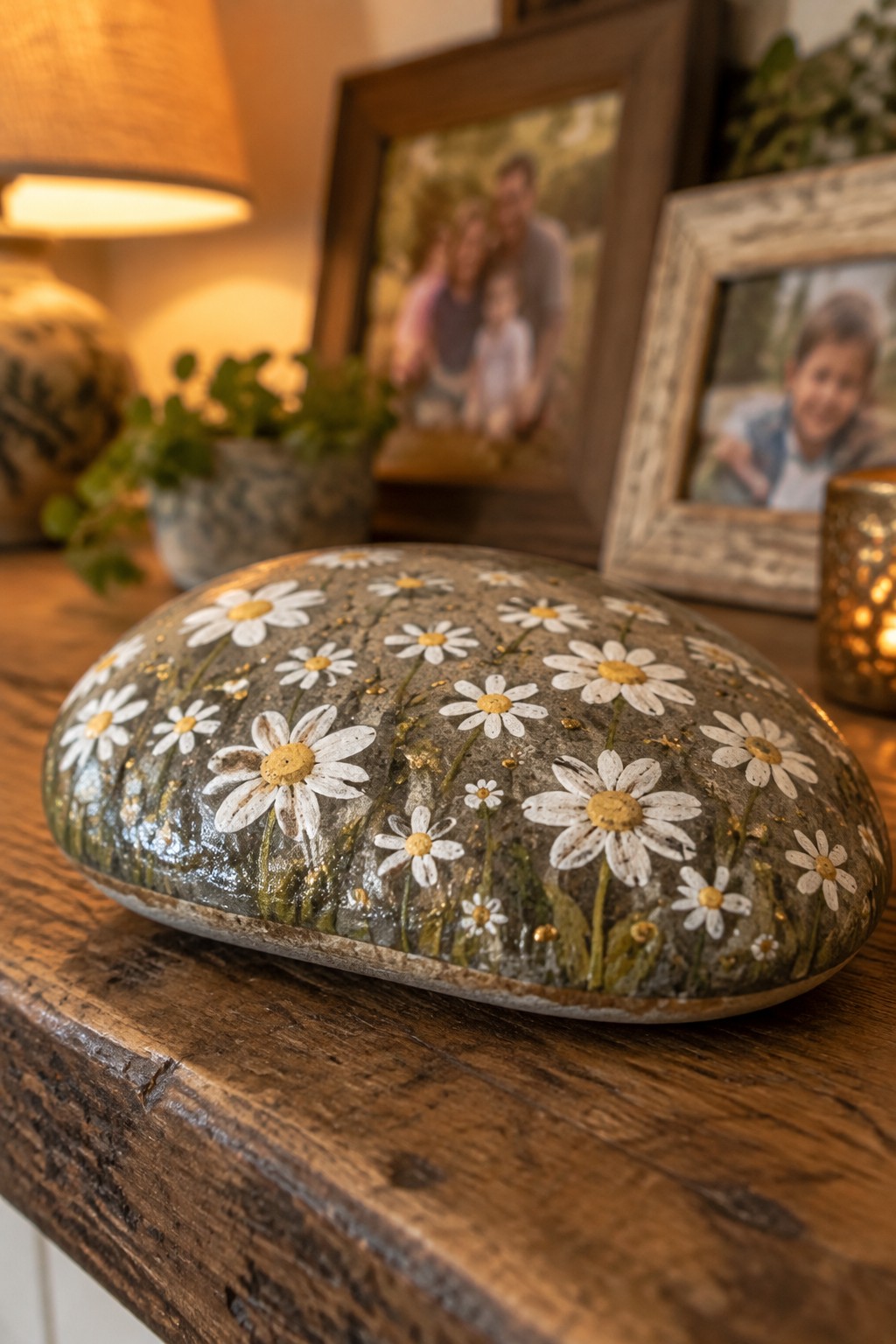 Painted stone with white daisies and gold dots on rustic wooden table