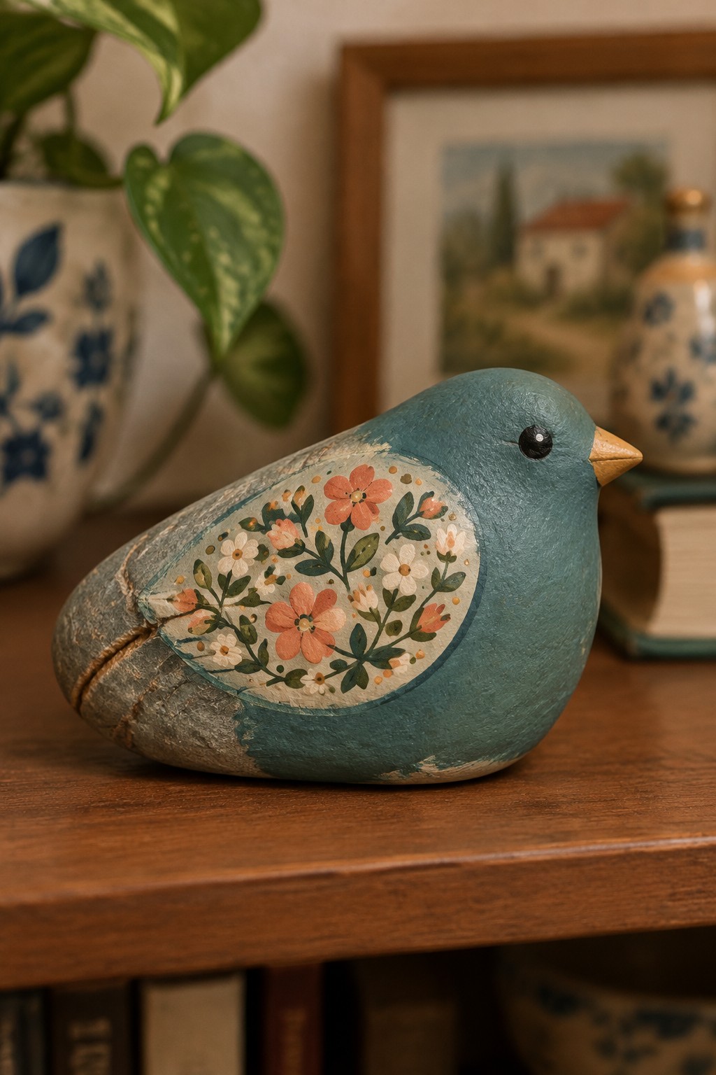 Teal wooden bird figurine with orange and white floral design on a table