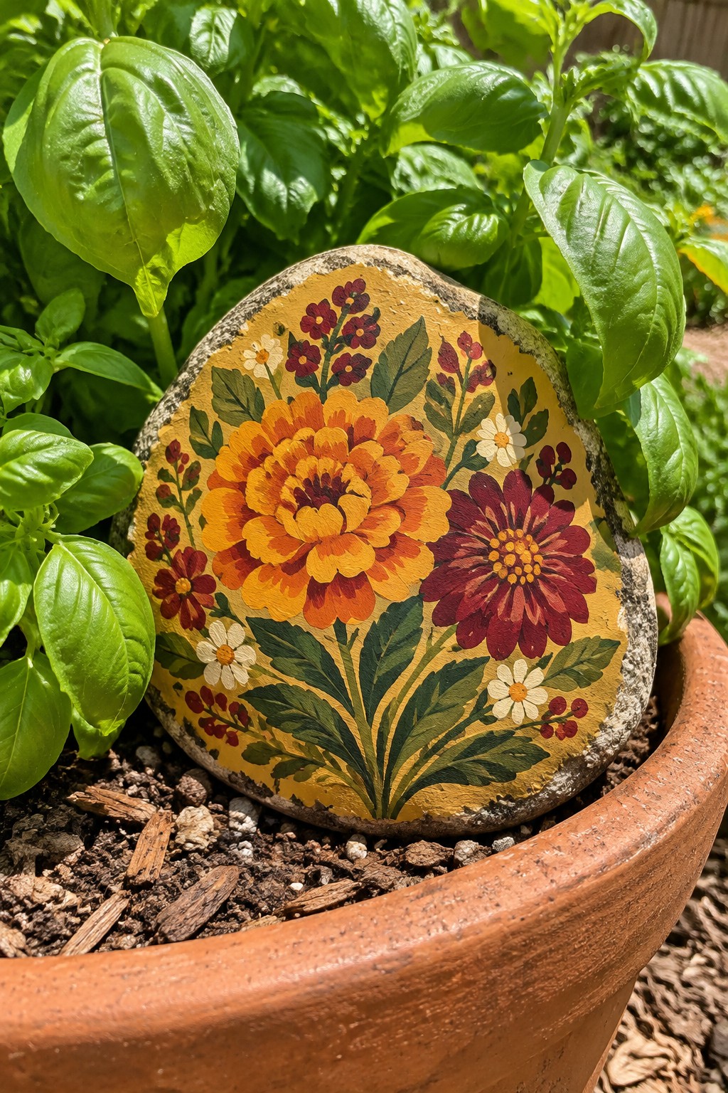 Painted yellow rock with orange, red, and white flowers in terracotta pot