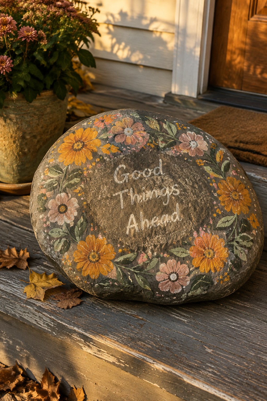 Floral-painted rock reading