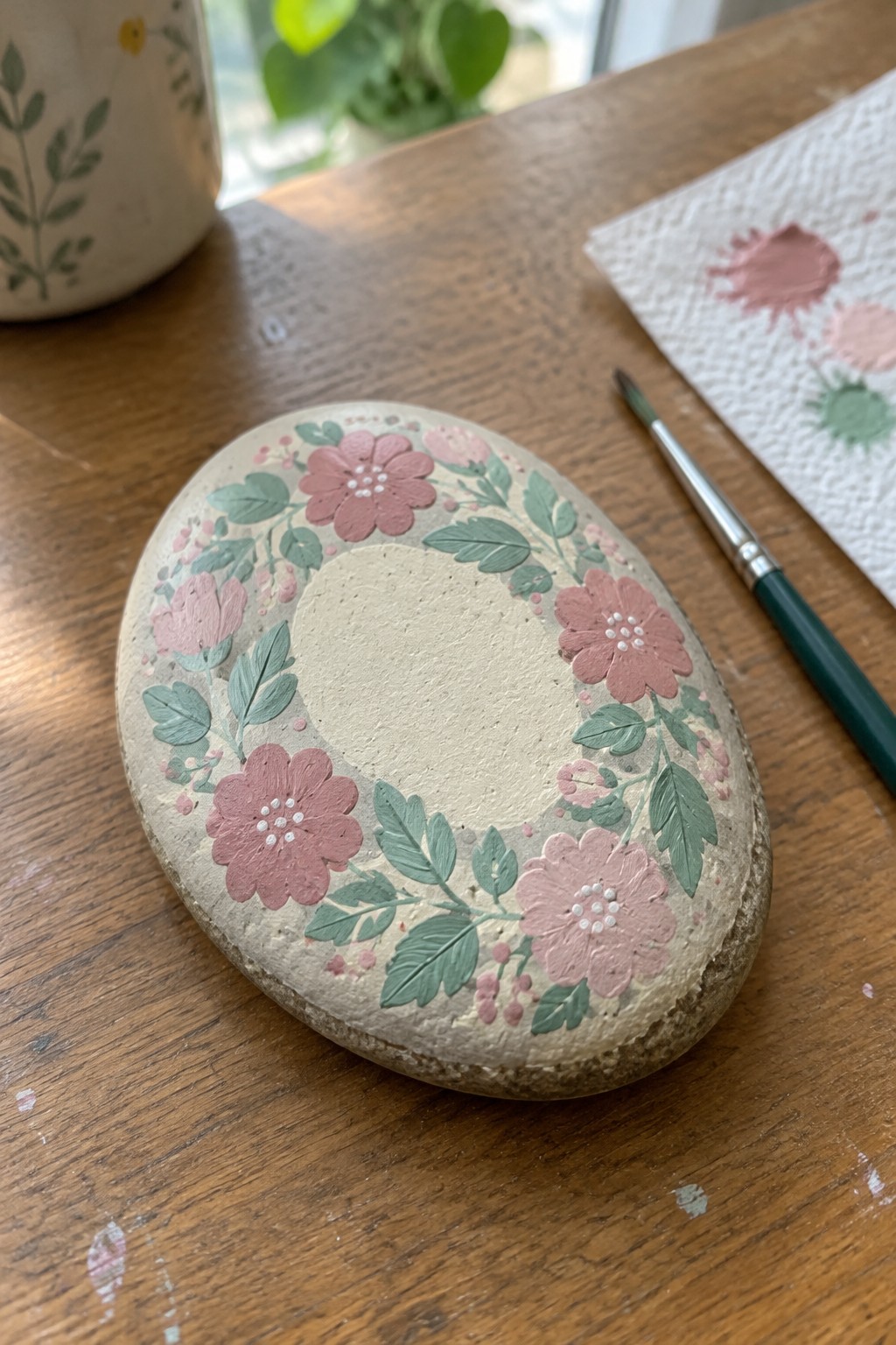 Painted oval stone with pink flowers and green leaf wreath on wooden table beside brush