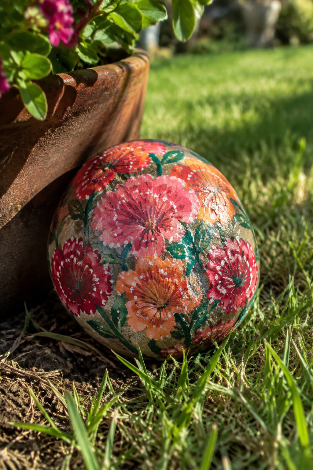 Painted rock with red, pink, and orange flowers beside terracotta pot on grass