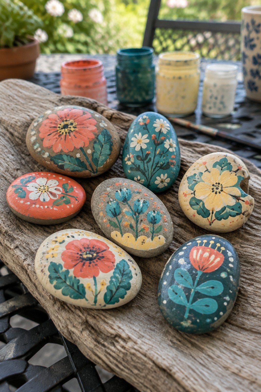 Vibrant floral-painted rocks on weathered wood beside colorful paint jars