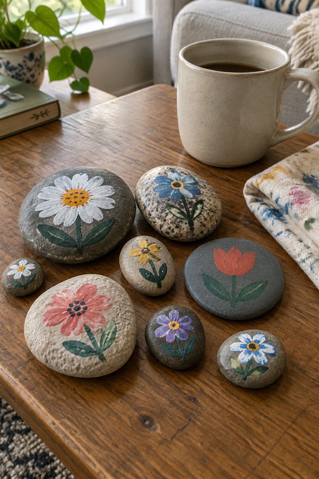 Colorful flower-painted stones beside a ceramic mug on a wooden table