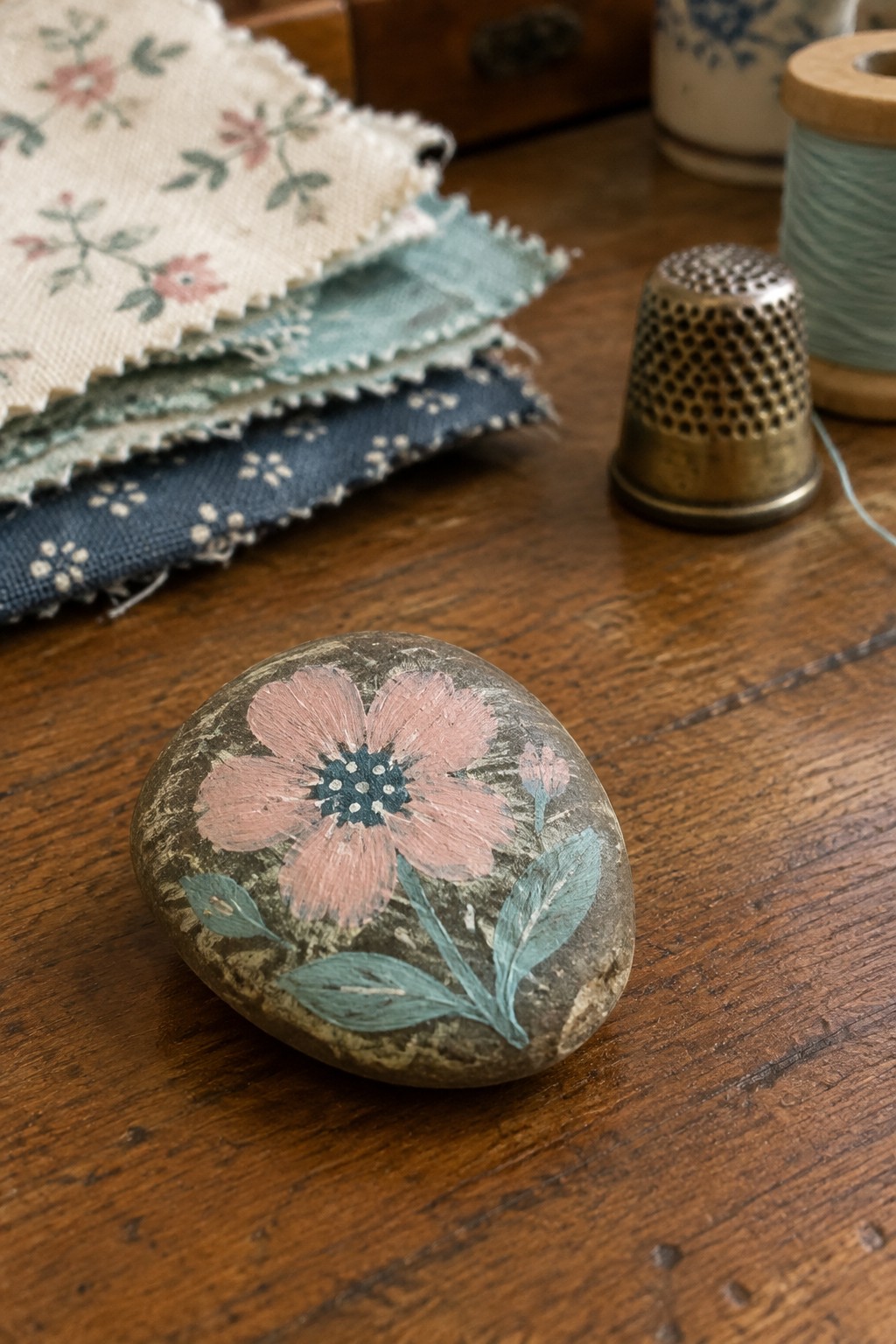 Painted rock with pink flower beside floral fabrics, thimble, and thread spool on wood