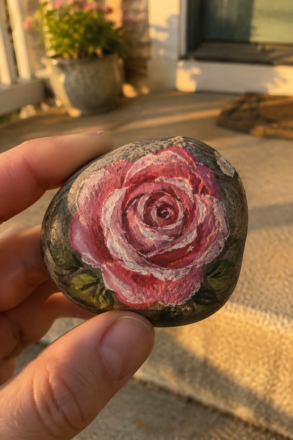 Hand holding gray stone painted with blooming pink rose and green leaves.