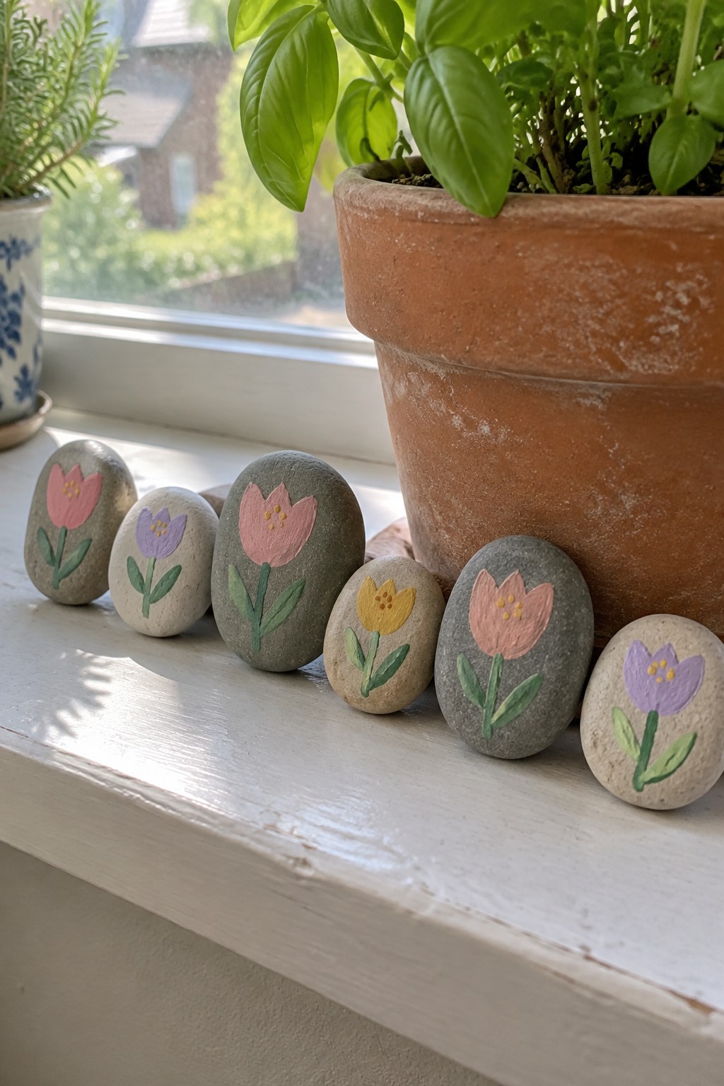 Painted rocks with pink, yellow, purple flowers on sunny windowsill by plant pots