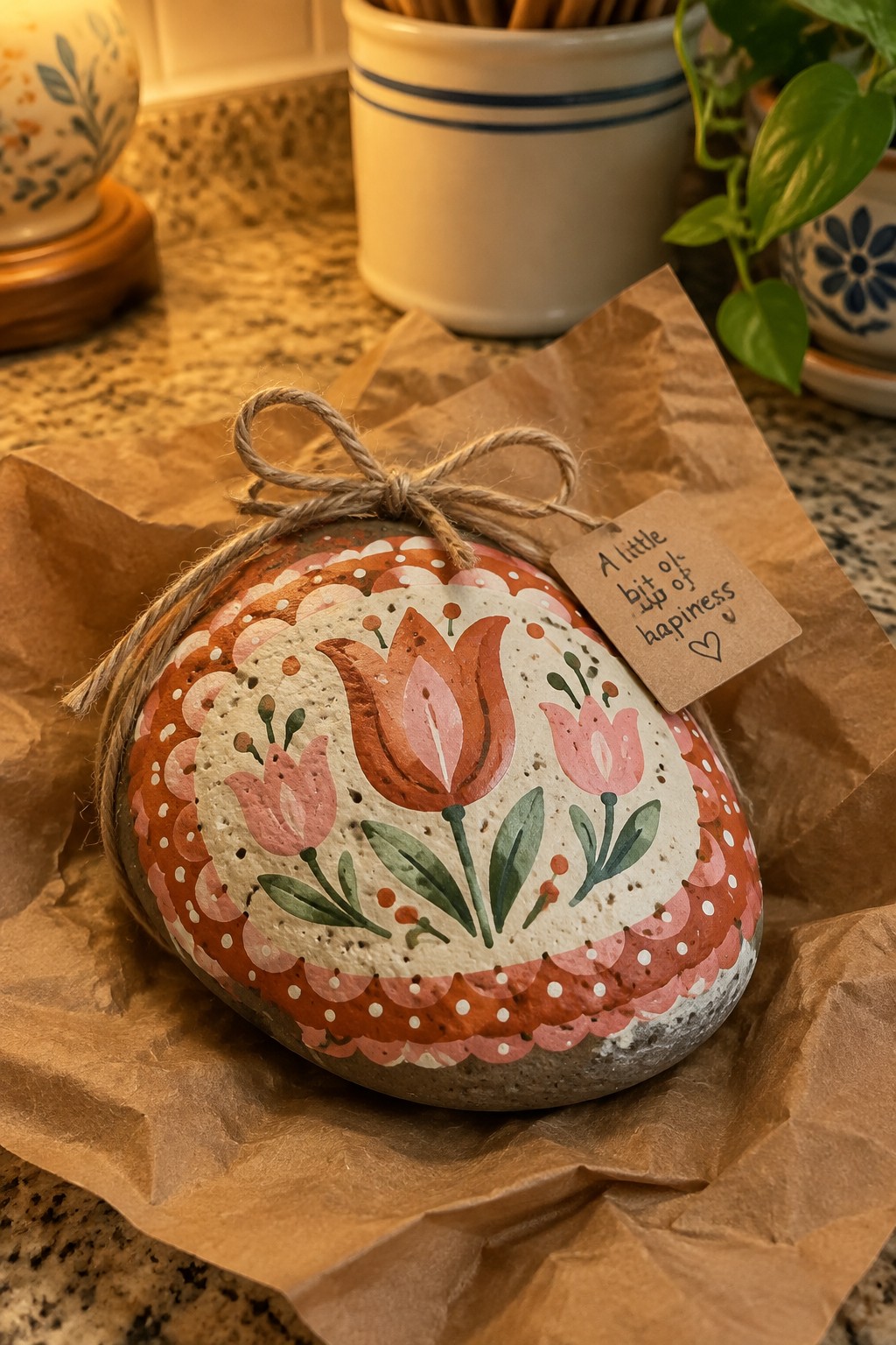 Painted rock with tulips wrapped in brown paper, tied with twine and gift tag