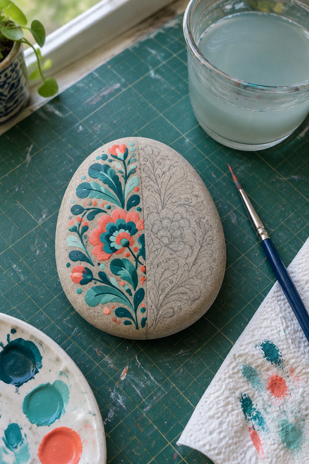 Half-painted stone with colorful flowers and pencil sketch amid art supplies on green mat