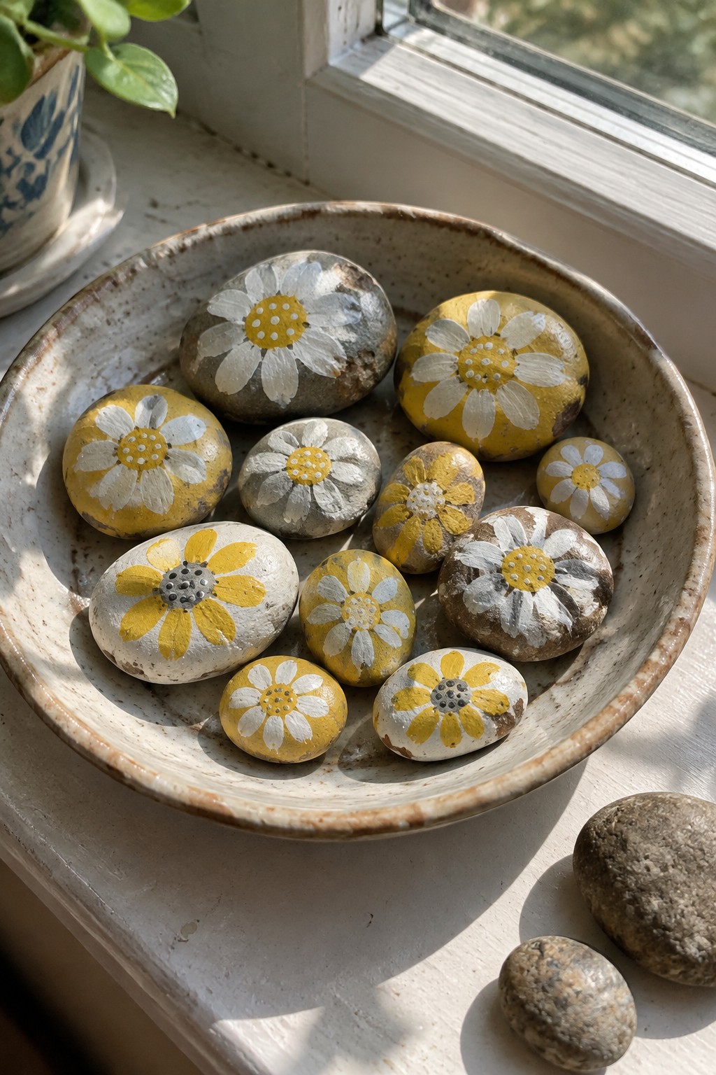 Ceramic bowl of stones painted with yellow and white daisies on windowsill
