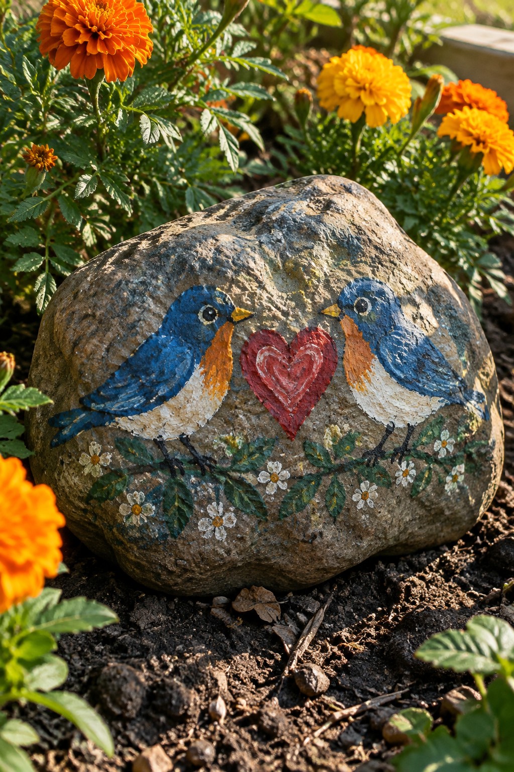 A large rounded rock painted with two bluebirds facing each other around a red heart and a flower vine, placed in soil among orange marigolds.