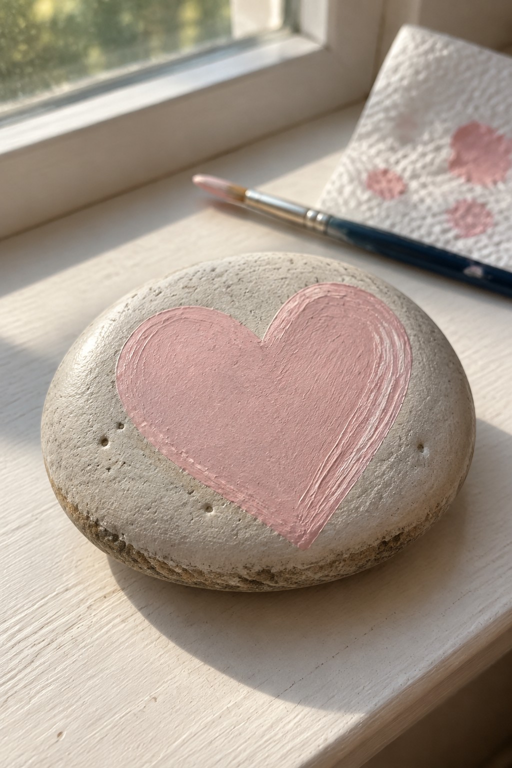 Round stone with pink heart on sunny windowsill beside paintbrush and paper towel