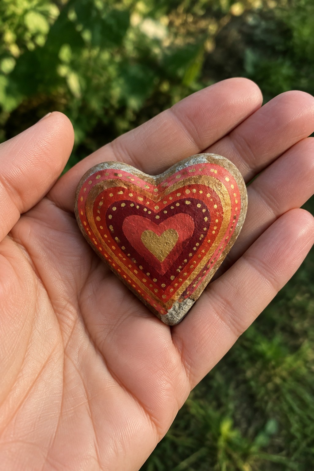 Hand holding a painted red and gold heart-shaped stone with concentric designs.