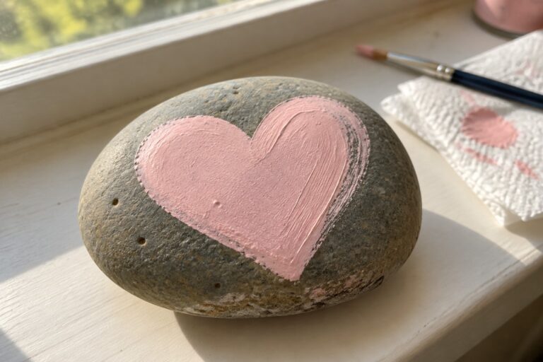 17 Valentine’s Day Rock Painting Ideas With Heart Motifs Round stone with pink heart on sunny windowsill beside paintbrush and paper towel
