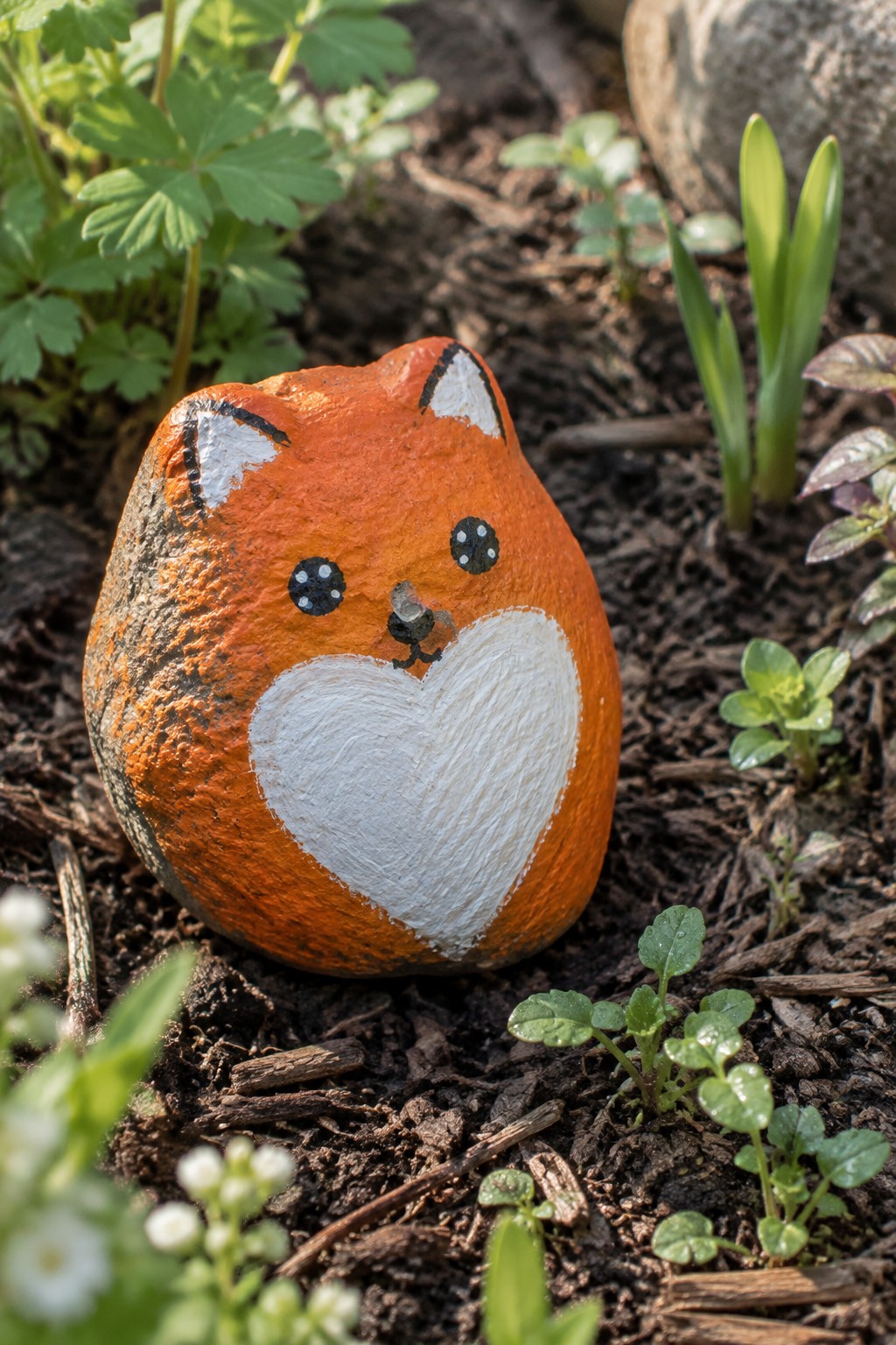 Painted orange fox rock with white heart chest amid garden soil and plants