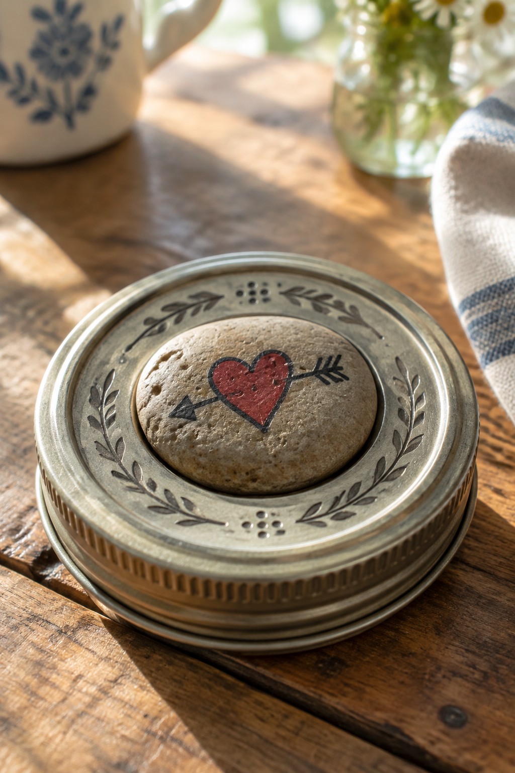 Red heart with arrow painted on stone atop embossed metal mason jar lid