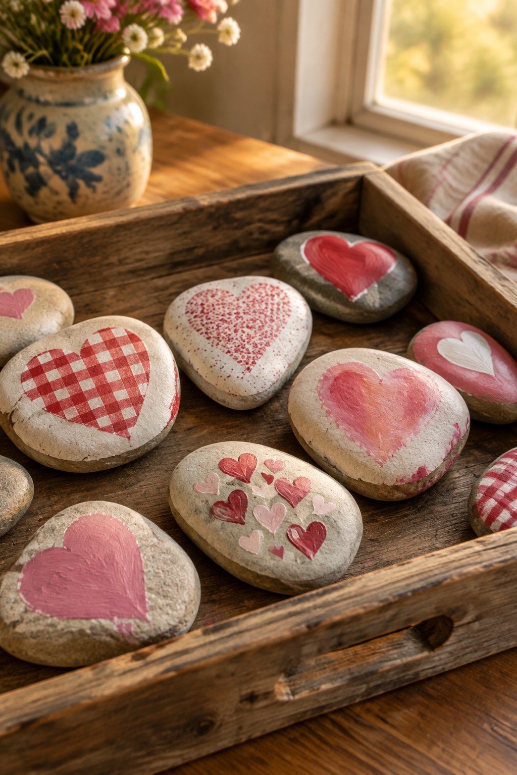 Wooden tray of smooth stones painted with red and pink hearts beside a flower vase