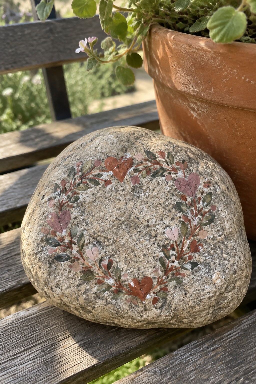 Speckled rock painted with red-pink hearts and leafy wreath on wooden bench.