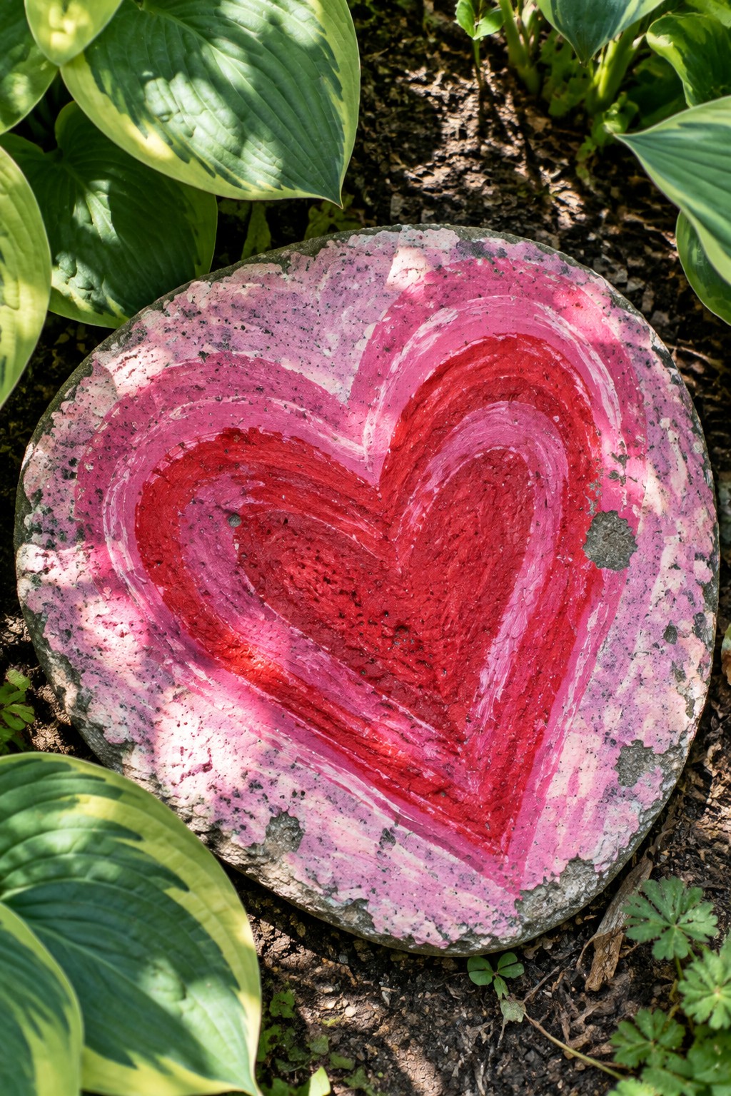 Red and pink heart painted on round stone amid green hosta leaves
