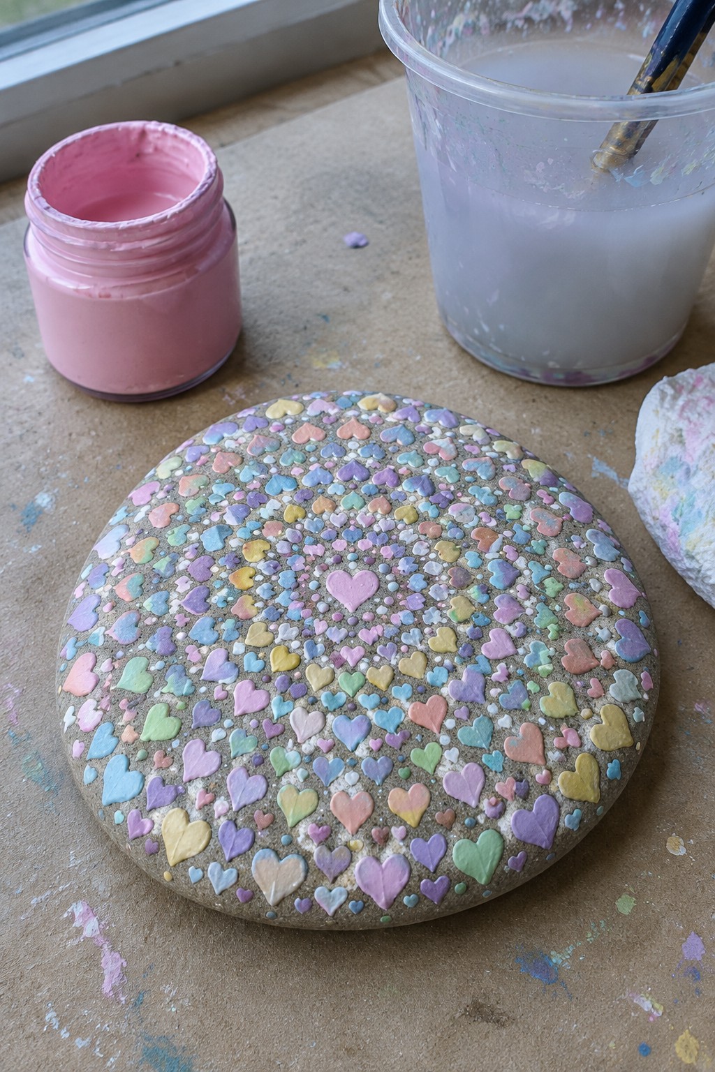 Round rock covered in tiny multicolored hearts beside pink paint jar and cup