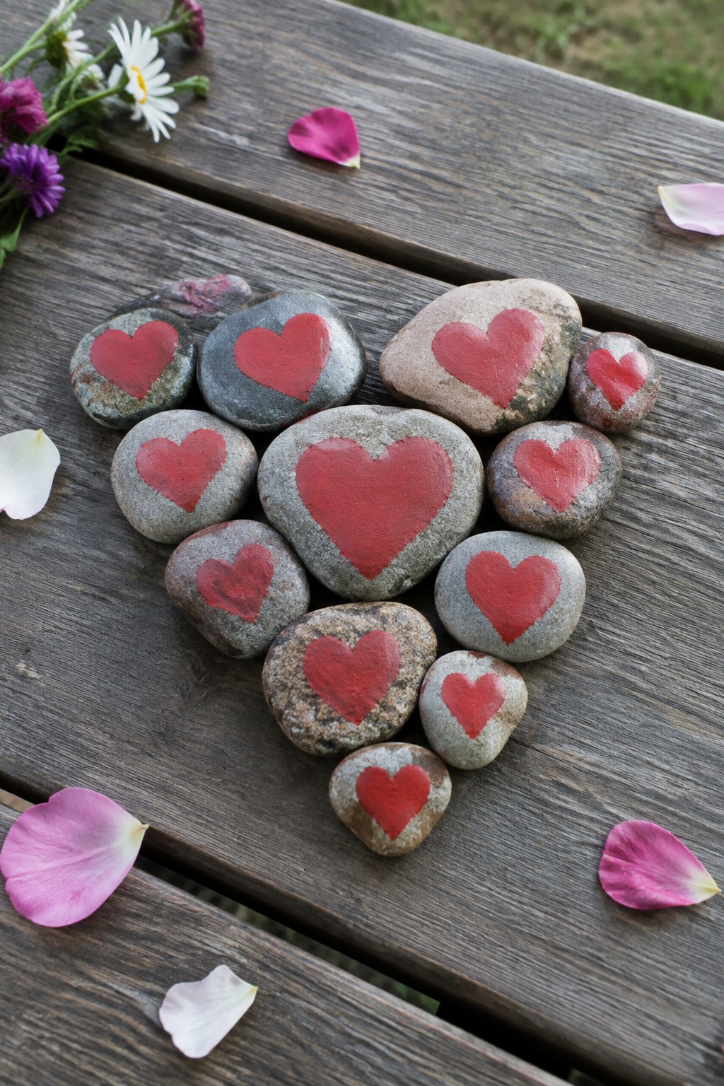 Red heart-painted stones clustered on wooden table with scattered flower petals