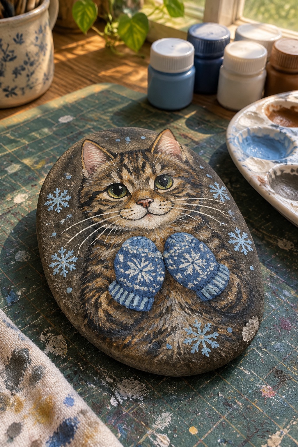 Painted stone cat in blue mittens with snowflakes, art supplies on wooden table