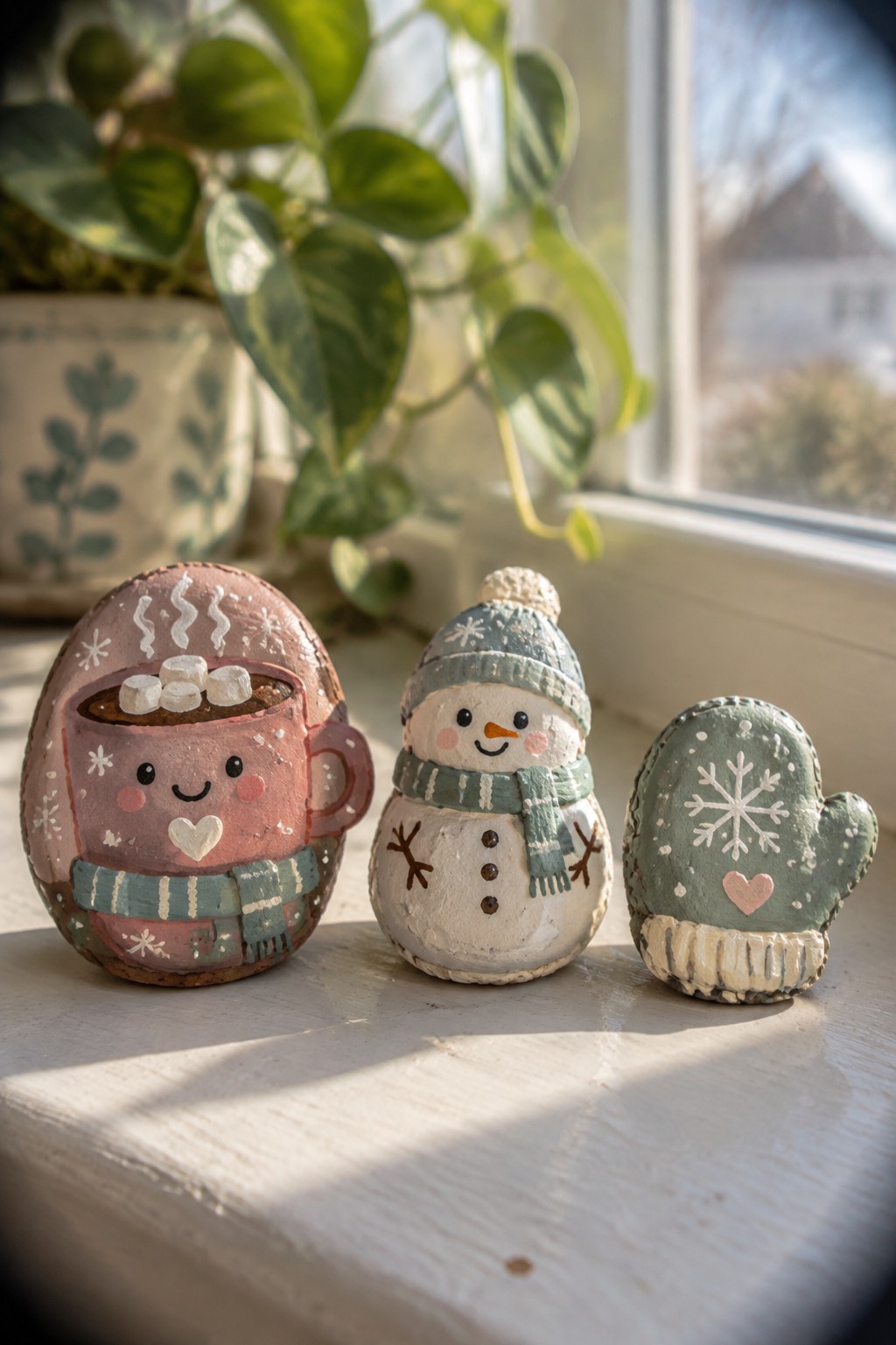 Three painted rocks as cocoa mug, snowman, and mitten on sunny windowsill