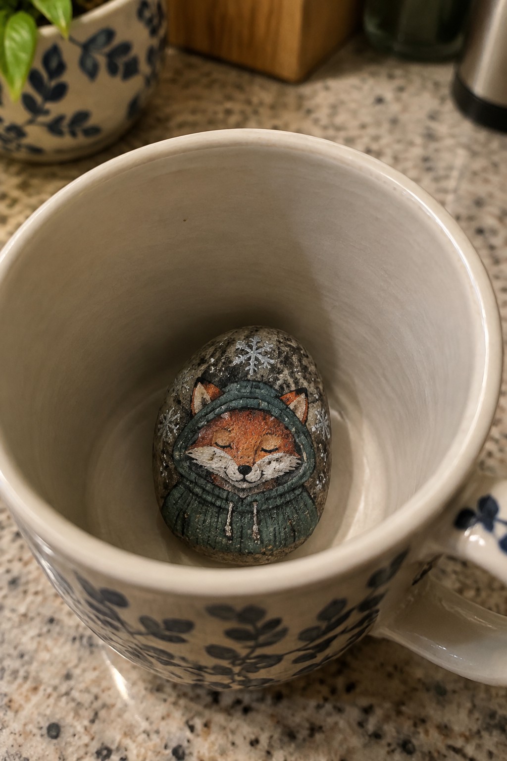 Painted fox in green hooded jacket with snowflakes inside white patterned mug