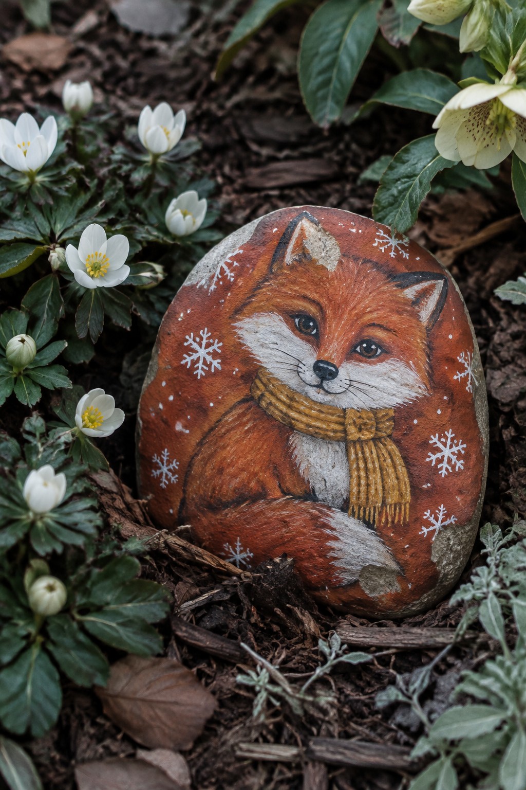 Orange fox with yellow scarf painted on rock amid snowflakes and white flowers