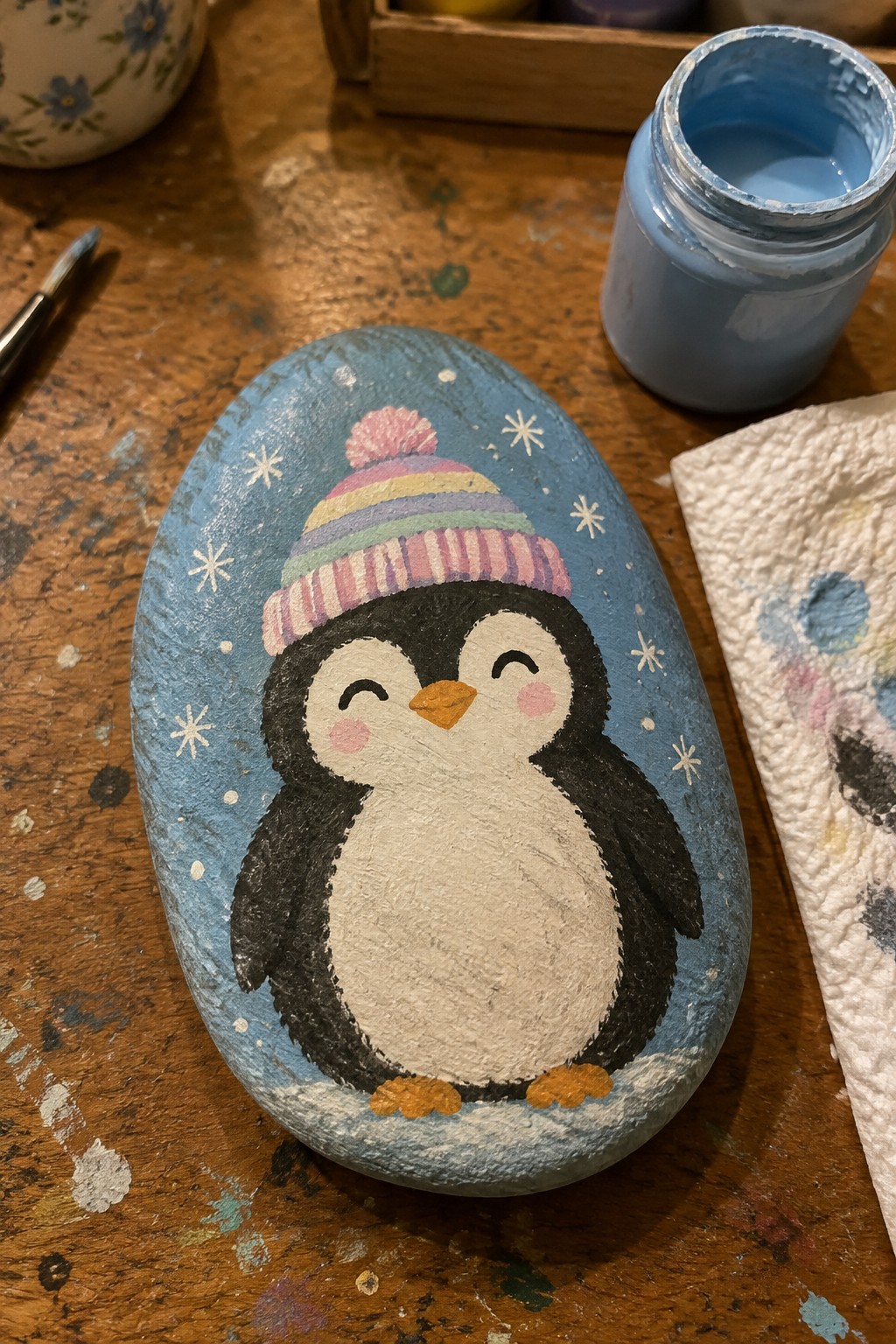 Painted rock of smiling penguin in striped beanie hat on wooden table with paint jar
