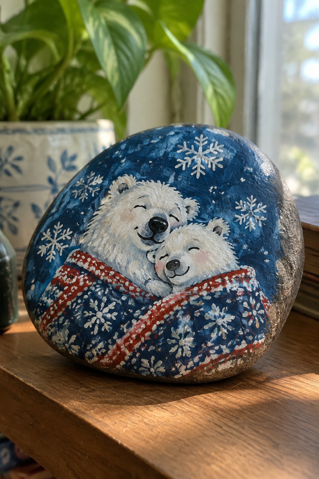 Two polar bears cuddling under red-and-blue snowflake blanket on painted rock