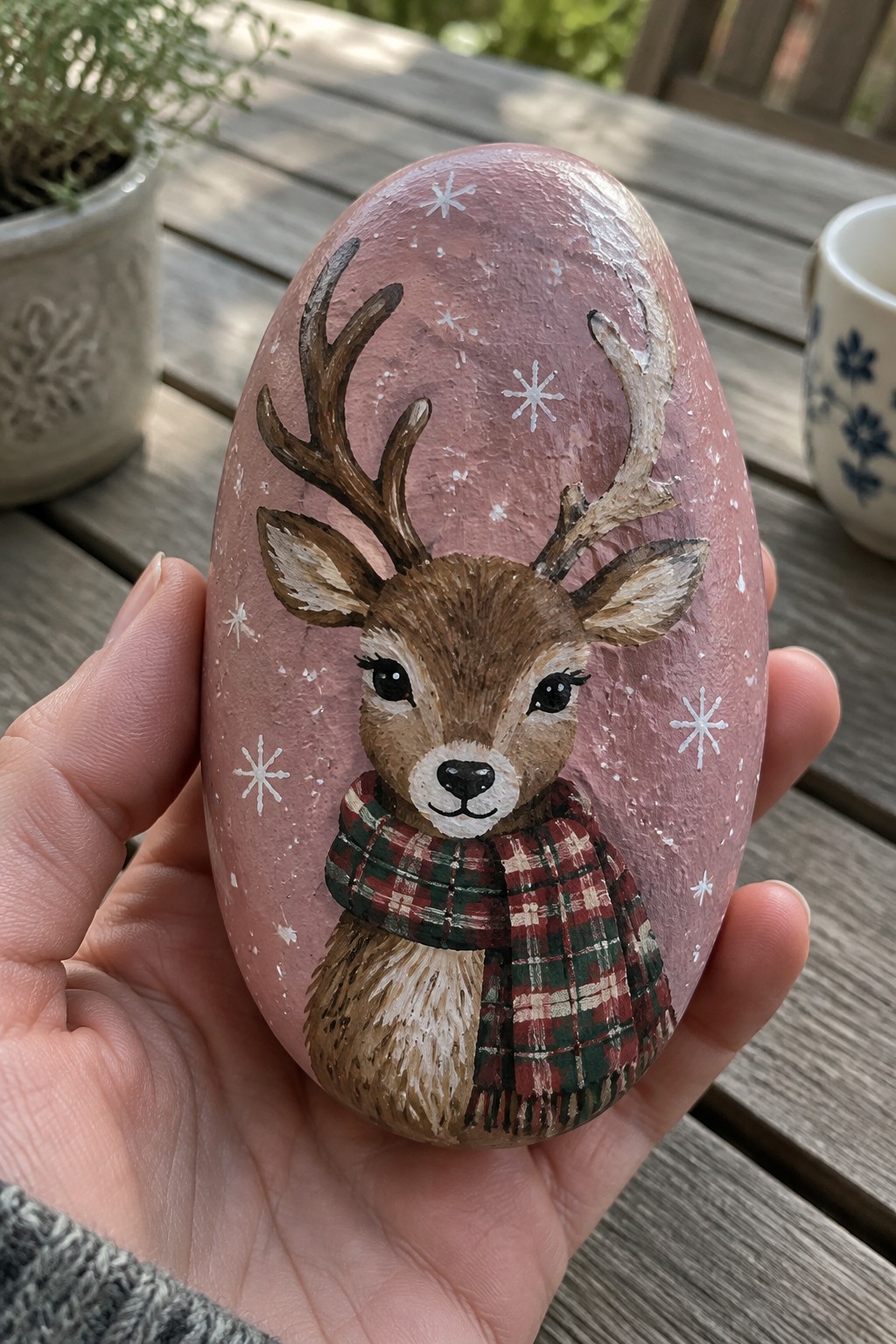 Hand holding pink painted rock of antlered deer in red plaid scarf with snowflakes