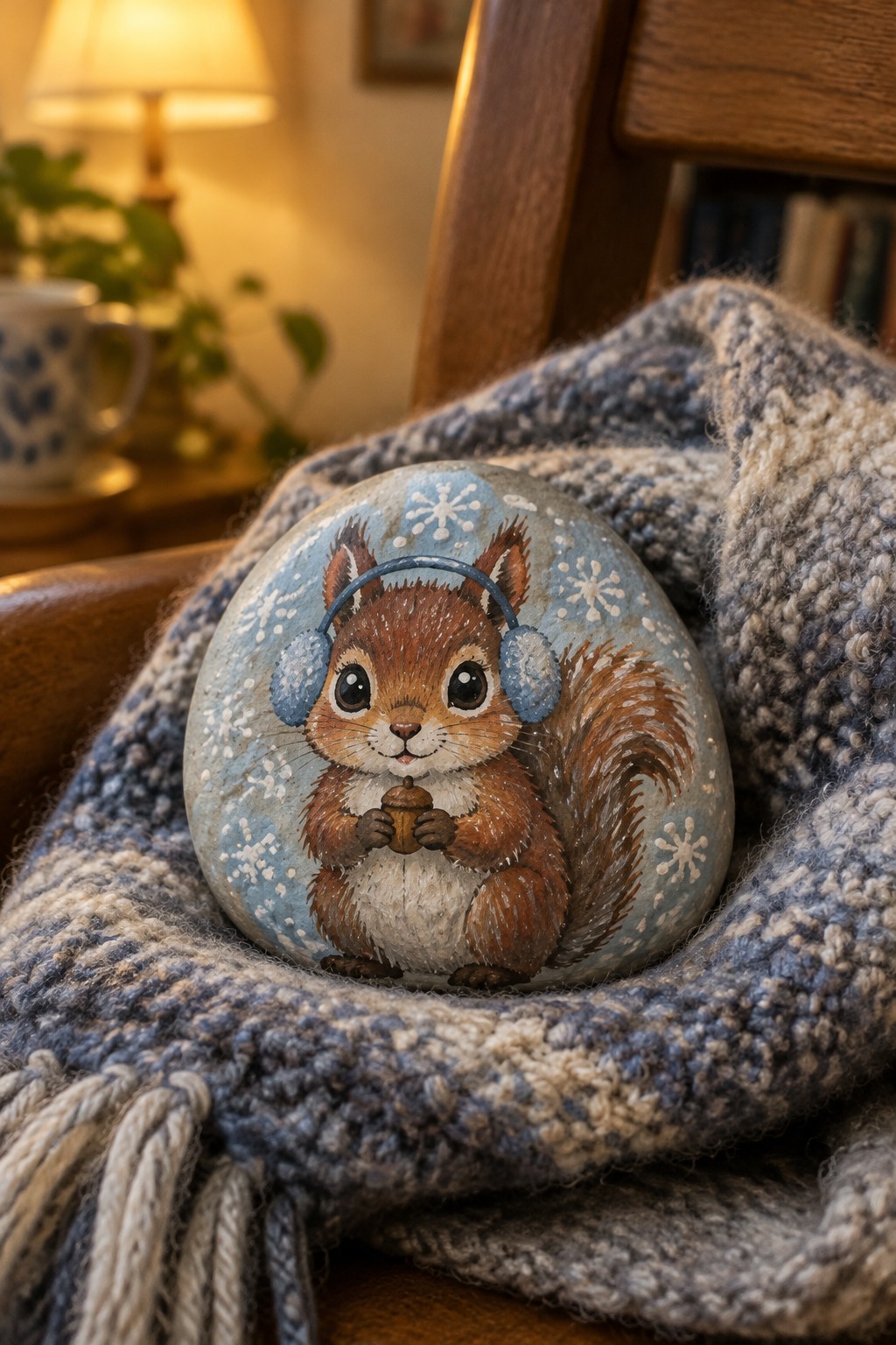 Adorable squirrel with blue earmuffs painted on stone atop knitted blanket