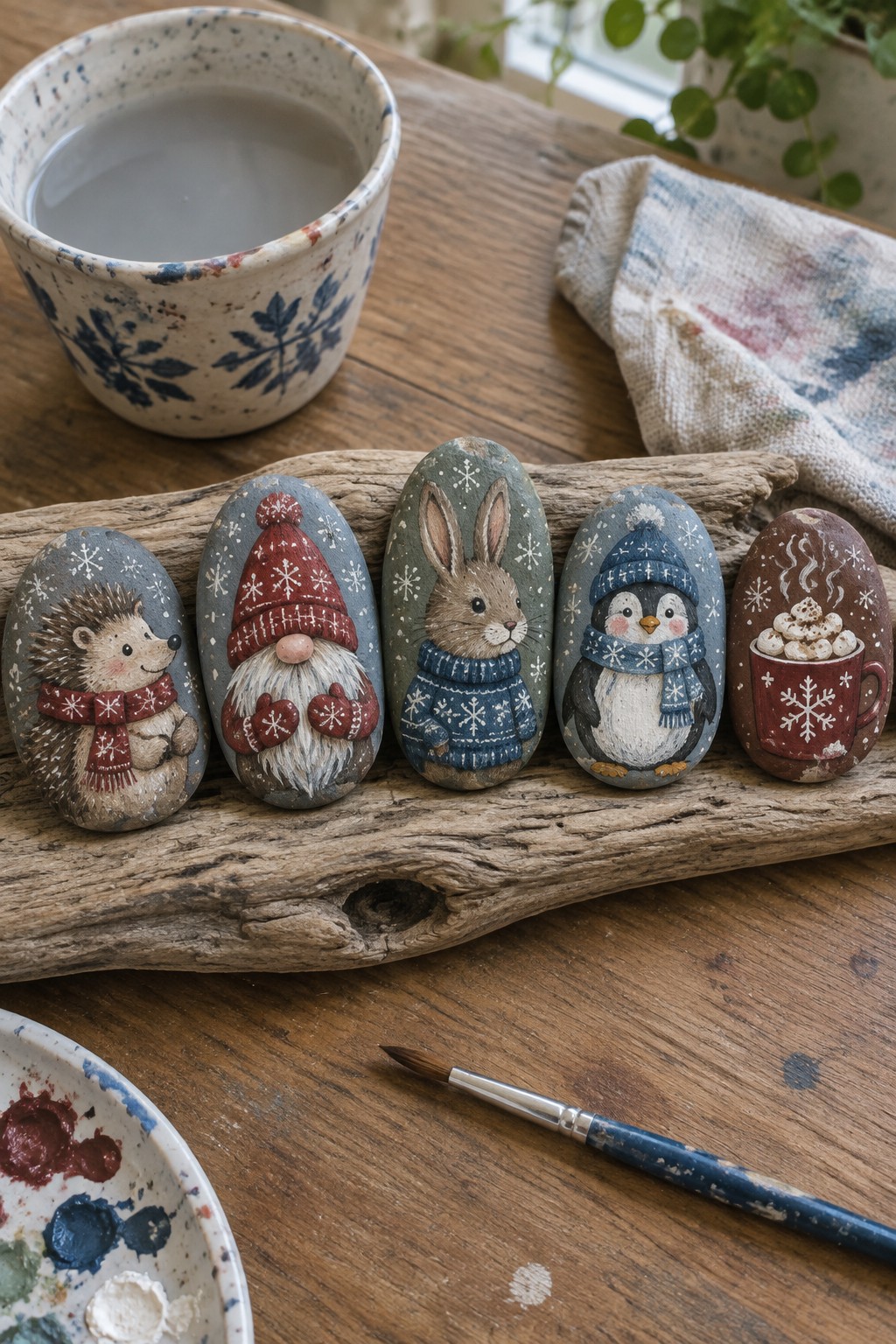 Five painted rocks with hedgehog, gnome, rabbit, penguin and cocoa mug on driftwood